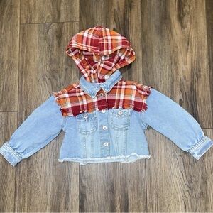 Wonder Nation Toddler Girl Denim Flannel Jacket Sz 2T Hooded Raw Hem